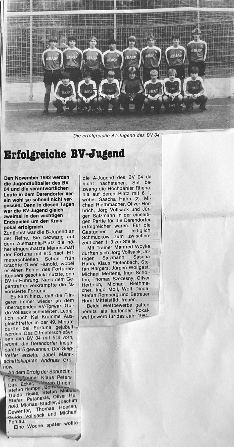 Zeitungsartikel „Erfolgreiche BV-Jugend“ mit Mannschaftsfoto der A-I-Jugend