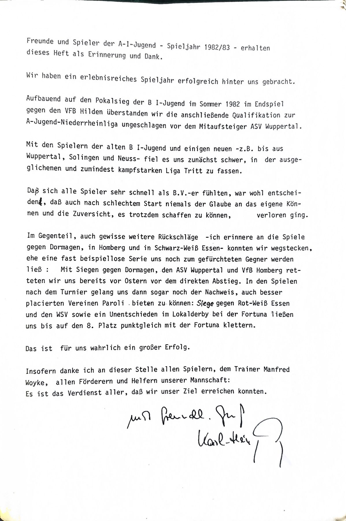 Vorwort aus dem Saisonheft der A-I-Jugend 1982/83