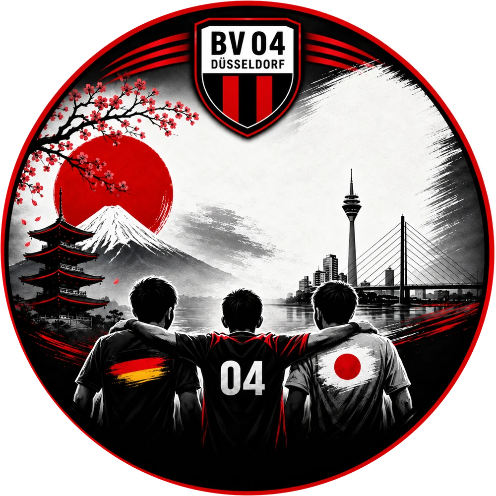 BV 04 Düsseldorf × Japan – Spieler aus Deutschland und Japan vor Fuji und Düsseldorfer Rheinturm