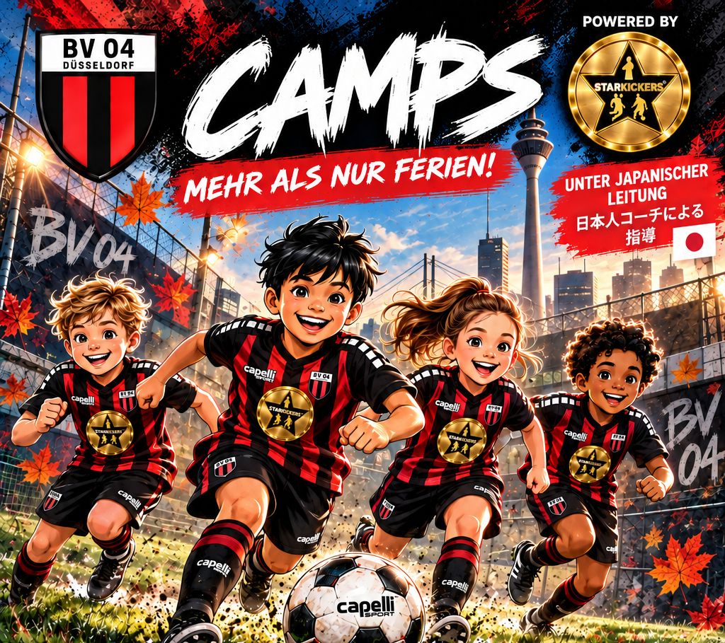 Kinder im BV-04-Trikot beim Fussballcamp, darueber der Schriftzug: Camps - mehr als nur Ferien