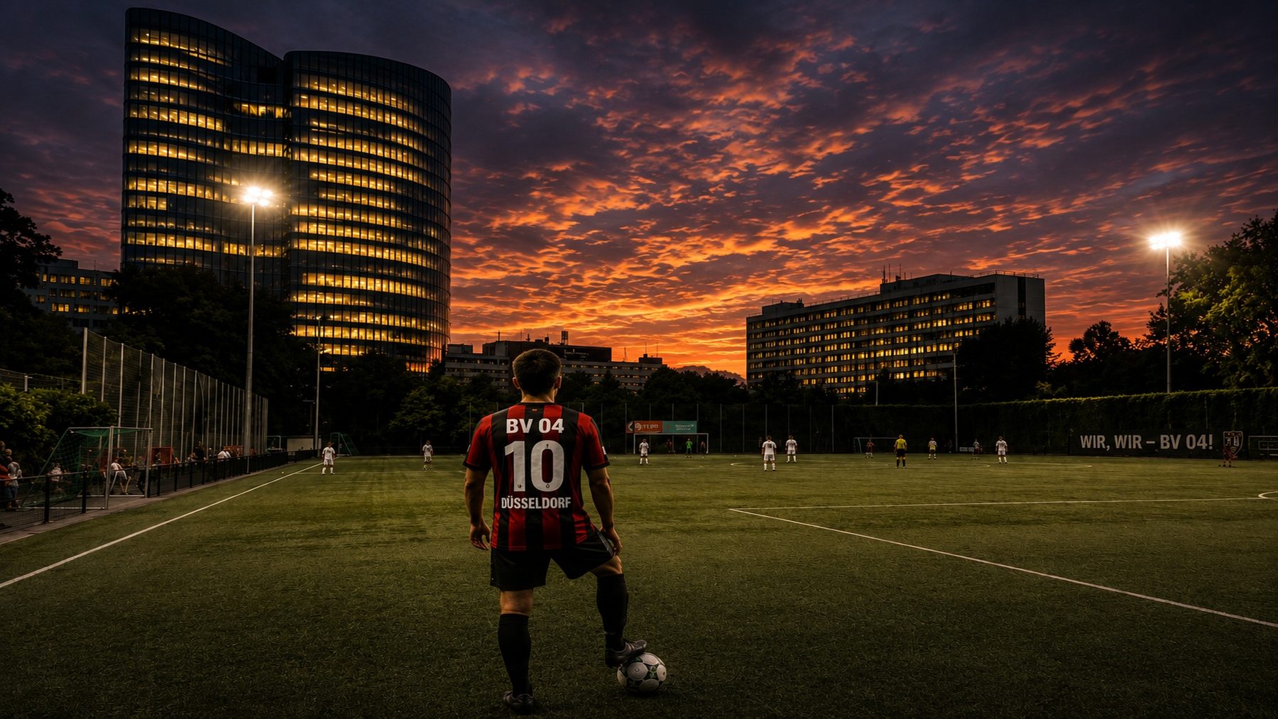 BV 04 Düsseldorf bei Flutlicht vor der Düsseldorfer Skyline