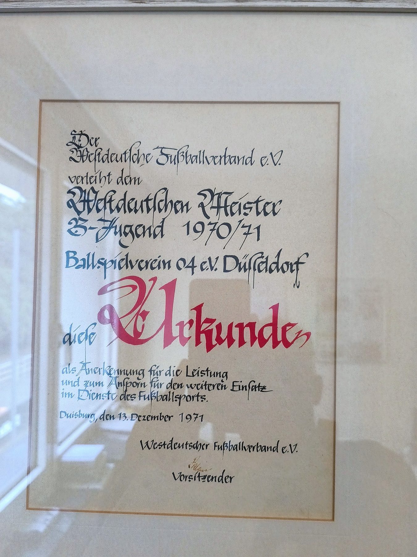 Urkunde zum Westdeutschen Meister der B-Jugend des BV 04 Düsseldorf, 1970/71